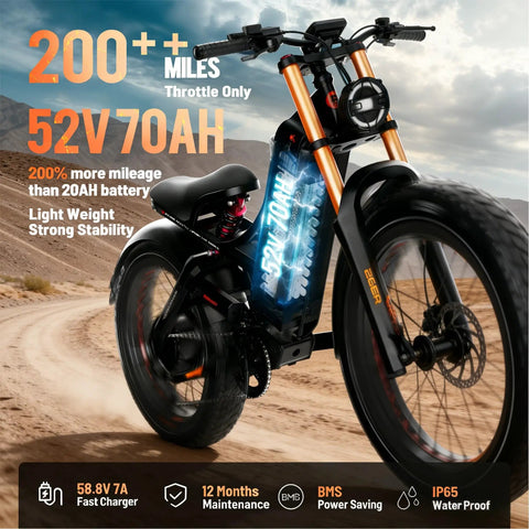 Rugged 2026 Dual Motor Electric Bike For Adults With Beast Mode Power, 46 Mph Top Speed, 52V 70Ah Battery Delivers 200 Mile Range, 26 Inch Fat Tires And Full Suspension Off Road Mountain Bike in action with battery specs displayed.