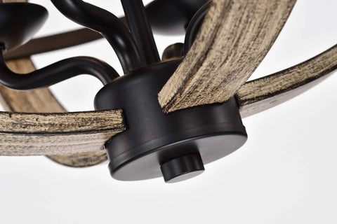 Close-up of Matte Black Metal Open Cage 4 Light Semi Flush Mount With Dope Wood Grain Finish In Brown Indoor Ceiling Light Fixture