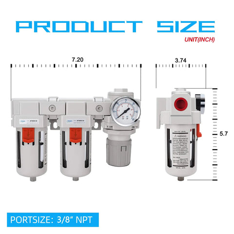 3/8 Inch NPT Air Drying System With Dual Filters And Regulator, Semi Auto Drain, Poly Bowl, 70 SCFM At 90 PSI, dimension guide