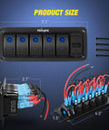 Five Gang Rocker Switch Panel With PD Type C USB Charger And Voltmeter For 12V To 24V Rigs UTVs ATVs Trucks Trailers RVs Boats And More Durable Marine Grade Power Hub product size 7.1 x 2.7 inch