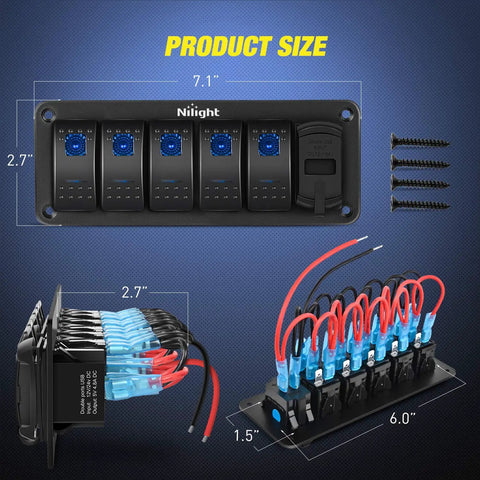 Five Gang Rocker Switch Panel With PD Type C USB Charger And Voltmeter For 12V To 24V Rigs UTVs ATVs Trucks Trailers RVs Boats And More Durable Marine Grade Power Hub product size 7.1 x 2.7 inch