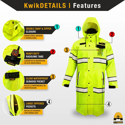 Torrent Trench High Visibility Rain Gear 2 Pack Class 3 ANSI OSHA Reflective Weatherproof Hi Vis Jacket Yellow Medium features