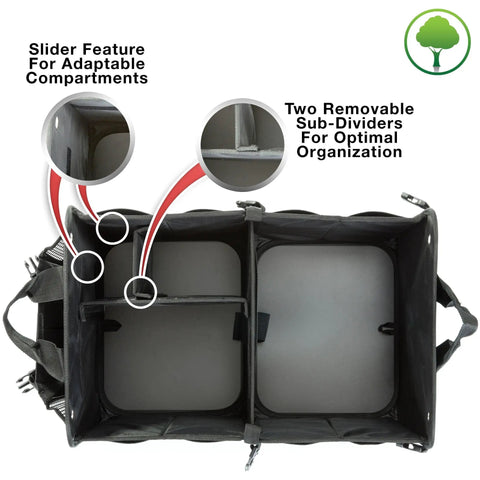 Heavy Duty Trunk Organizer For Cars, SUVs And Trucks With Adjustable Compartments, Collapsible Design, and dividers shown