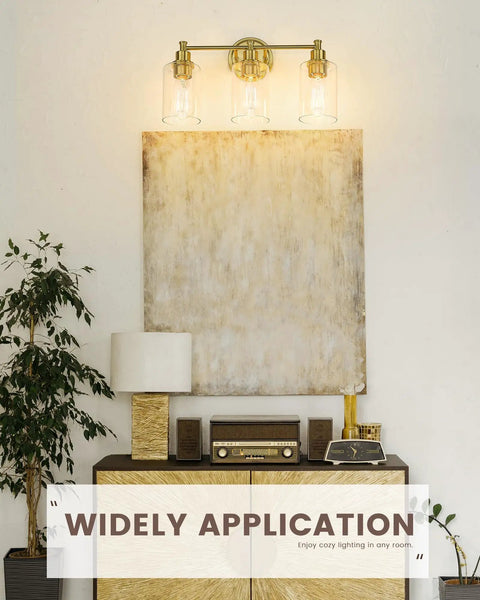 Farmhouse Style Bathroom Vanity Light Fixture With Champagne Gold Finish And Clear Glass Shade For A Dope Vintage Vibe In Your Bath Or Powder Room E26 Base Compatible Durable Metal Build Easy Install above a cabinet with decor in living space
