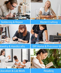 Collage of various activities highlighting the use of a 12X Magnifying Glass With Light And Clamp for electronics, crafting, and reading.