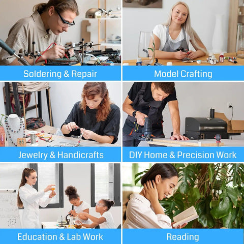 Collage of various activities highlighting the use of a 12X Magnifying Glass With Light And Clamp for electronics, crafting, and reading.