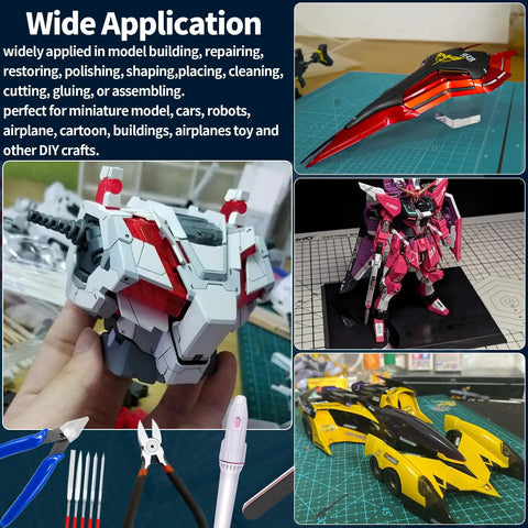 78 Piece Gundam Model Tools Kit For Building And Repairing Plastic Models with miniature models and essential tools displayed