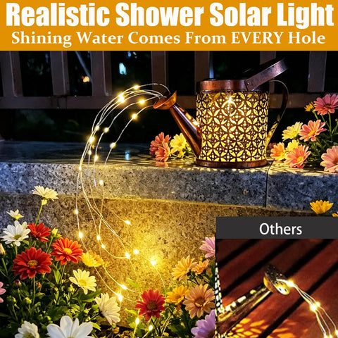 Waterproof Solar Lanterns With Metal Watering Can Shape in garden with LED lights, decorative outdoor path light.