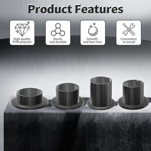 Self Lubricating POM Flanged Sleeve Bearings 12mm ID 14mm OD 15mm Length 4 Pc Pack Black Oilless Bushings, feature icons
