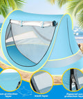 Pop Up Baby Beach Tent For Toddlers And Infants, Portable Sun Shade For Beach And Camping, Easy Two Way Access, Blue baby tent on sand