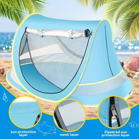 Pop Up Baby Beach Tent For Toddlers And Infants, Portable Sun Shade For Beach And Camping, Easy Two Way Access, Blue baby tent on sand