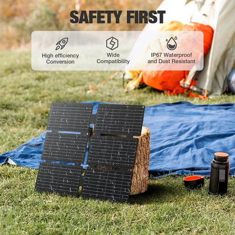 Solar Generator On The Go With 40W Panel Included 230Wh Portable Power Station for outdoor camping with tarp in background.