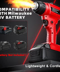 Cordless 18V Heat Gun With 350W Power And 1022 Fahrenheit High Temp Pro Grade Variable Temperature Control Hot Air Gun Kit With 4 Nozzles And Scraper For Shrink Tubing PVC Wrap No Battery Included shown with compatibility for Milwaukee 18V battery
