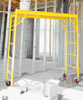 Tough As Nails 6 Inch Scaffolding Caster Wheels With Reliable Brake And Easy Adjustable Leveling Jacks on scaffold frame in construction site