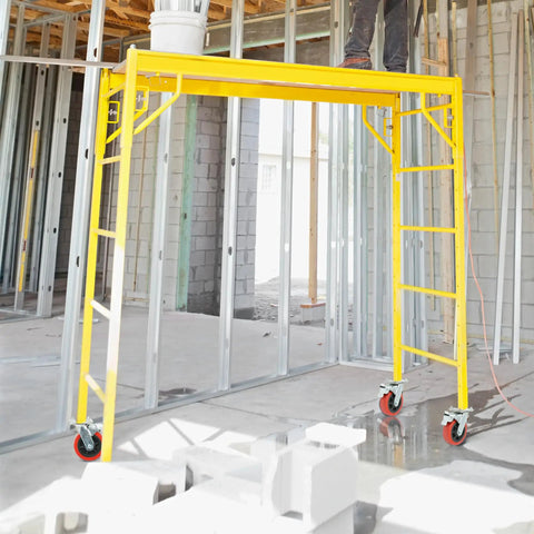 Tough As Nails 6 Inch Scaffolding Caster Wheels With Reliable Brake And Easy Adjustable Leveling Jacks on scaffold frame in construction site