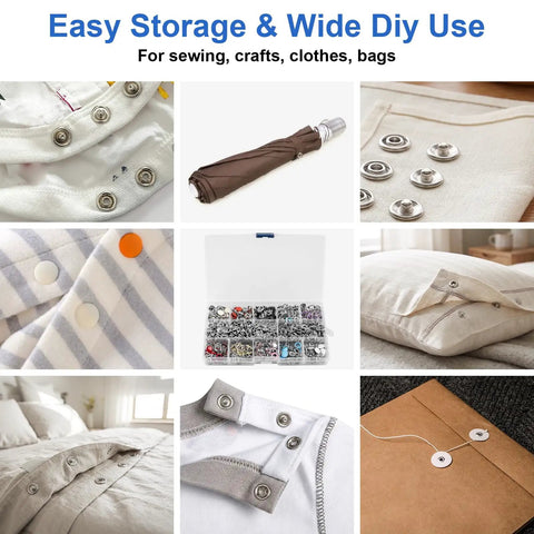 9.5mm Metal Snap Button Kit Set For Sewing And DIY Fashion Projects; various views of snaps installed on fabrics and garments