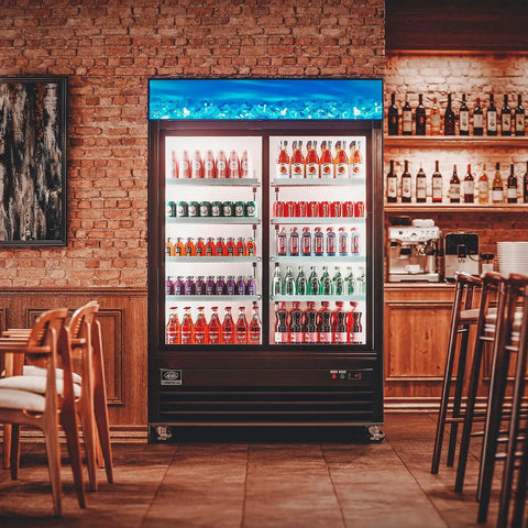 Kickass Commercial Merchandiser Refrigerator Delivering Rock Solid 45 Cubic Foot Storage With Eight Roomy Shelves For Chill Beverage Display At Bars Restaurants Or Retail Spaces showcasing colorful drinks in a modern setting.
