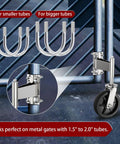 Eight Inch Heavy Duty Fence Gate Wheel With Spring Loaded Shock Absorber For Metal Tube Gates showing mounting brackets for tube sizes.