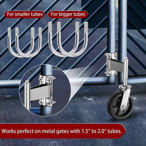 Eight Inch Heavy Duty Fence Gate Wheel With Spring Loaded Shock Absorber For Metal Tube Gates showing mounting brackets for tube sizes.