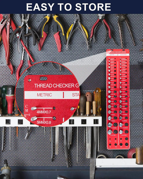 Thread Checker Kit For Bolts And Nuts With 42 Size Gauge hanging on workshop pegboard, close-up view