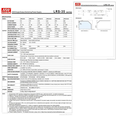 Rock Solid 24V Switching Power Supply 36W 1.5A Single Output With Hella Compact 30Mm Low Profile Design specifications sheet