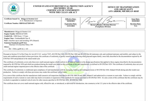 Briggs & Stratton EPA Certificate for 2024, detailing compliance with Clean Air Act, includes manufacturer info and issue date.