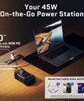 Image showing a 45W power station charging a laptop, demonstrating fast charging on a wooden desk.