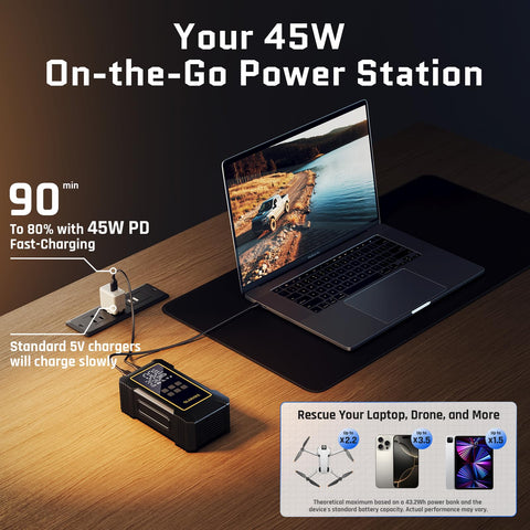 Image showing a 45W power station charging a laptop, demonstrating fast charging on a wooden desk.