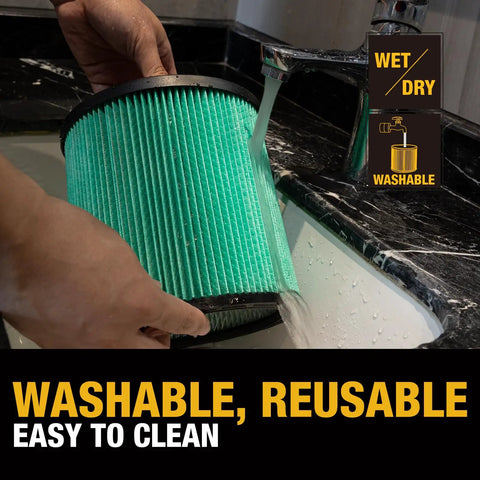 Person washing DXVC6914 HEPA Cartridge Filter For 6 To 16 Gallon Wet And Dry Shop Vac Replacement Universal Fit