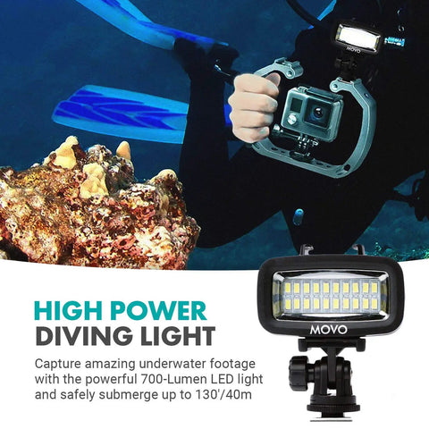 Scuba diver using Underwater LED Video Light 700 Lumen High Power Waterproof For GoPro And DSLR Cameras in deep sea.