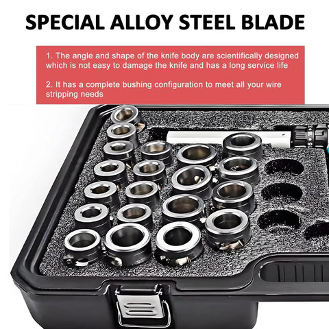 Special alloy steel blade and bushing set for Premium Cordless Electric Wire Stripper Machine With Dual Four Ah Batteries And Twenty Bushings.