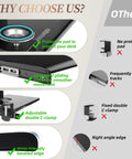 Comparison chart for Under Desk Keyboard Tray 25 Inch With Wrist Rest showing protective pad, adjustable C-clamp, and beveled edge.
