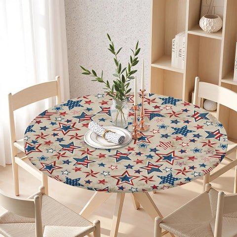 Patriotic Round Tablecloth With Elastic Edge For 40 44 Inch Tables Water Resistant Red White Blue Stars Outdoor Picnic Patio Party Cover