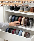 Top Shelf Slick Acrylic Belt Organizer With Removable Dust Cover Seven Compartment Clear Drawer Storage For Ties Belts Bow Tie Purse Socks Straight Up Closet Solution with belts neatly stored.