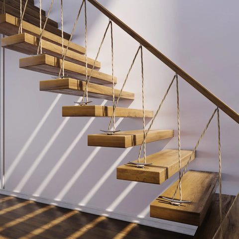 Modern wooden staircase with rope balustrades and floating steps in a well-lit interior space, casting shadows on the wall.