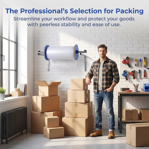 Straight Up Wall Mount Bubble Wrap Dispenser And Rock Solid Foam Roll Holder For Pro Level Packing Stations in a spacious work area.