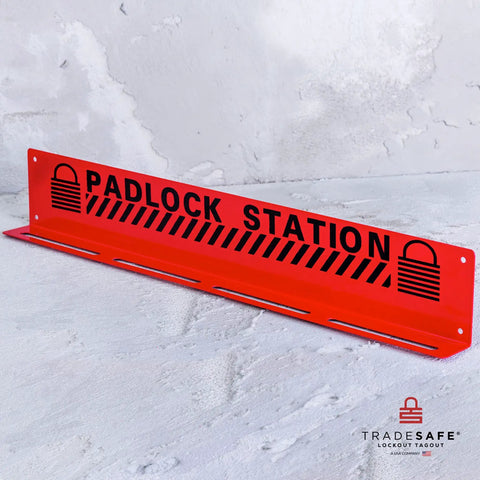 Red wall-mounted padlock holder labeled 'Padlock Station', part of Real Tough Heavy Duty Lockout Tagout Locks Station that holds 20 padlocks.