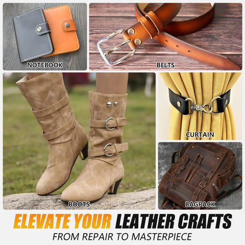 Leather Rivets Press Tool Kit With 160 Rivets And Installation Pliers for diverse leather crafts like belts, bags, and boots.