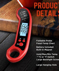 Instant Read Digital Meat Thermometer For Grill And Kitchen Waterproof Outdoor BBQ Thermometer close-up with red casing