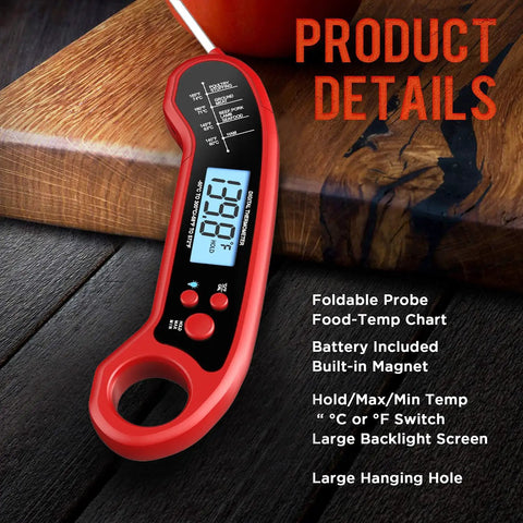 Instant Read Digital Meat Thermometer For Grill And Kitchen Waterproof Outdoor BBQ Thermometer close-up with red casing
