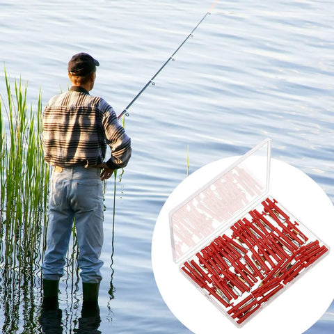 Angler by water with clear box of 50 Pcs 1-1/2 Inch Sinker Slides With Metal Snaps For Catfishing, ABS Fishing Weight Sinkers Slider Clips.