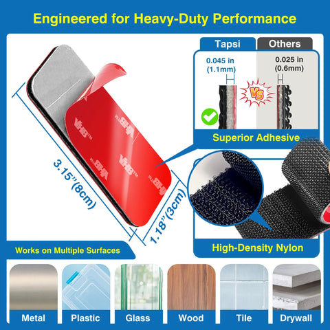 8 sets of hook-and-loop adhesive strips, 1.2 x 3.2 in, high-bond, heat-resistant and waterproof for indoor/outdoor mounting on metal, glass, tile, and wood