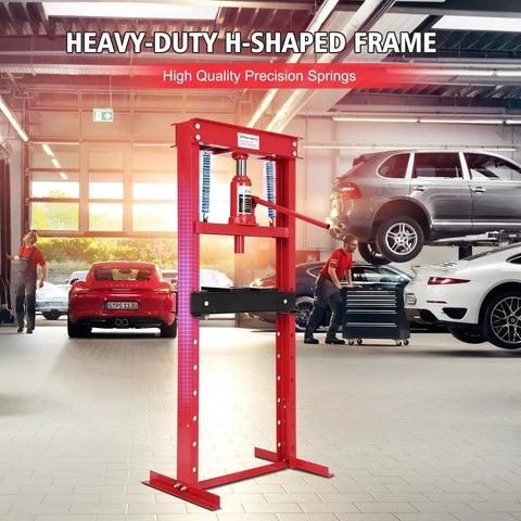 12 Ton Hydraulic Shop Press H Frame Floor Press For Auto Body, Metalworking And DIY Projects, Industrial Grade Stability With Reinforced Carbon Steel Frame, Powder Coated Finish, Heavy Duty Bench And Floor Mount in auto shop with car repair