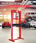 Heavy Duty 12 Ton H Frame Hydraulic Shop Press In Red For Auto Body And Metalworking Built To Last Steel Frame Tough As Nails Hydraulic Jack Dual Springs And Easy Load Design Powerhouse Performance For Pressing Bending And Spreading Tasks. red H-frame hydraulic shop press in auto repair garage