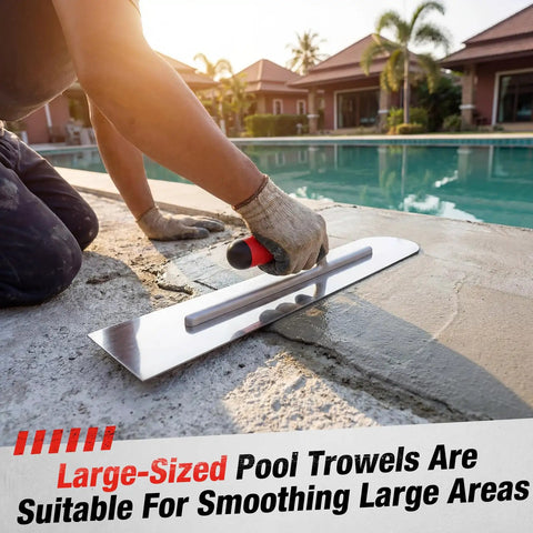 Heavy Duty Pool Trowel With Rounded Front And Square Back Edge For Fine Finish 20 By 4 Inches Stainless Steel Masonry Plastering Drywall Construction Hand Tool With Soft Grip being used to smooth concrete next to a pool.