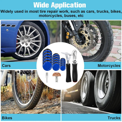 Heavy Duty Tire Patch Kit with 32mm, 45mm and 58mm patches, patch roller, buffing wheel for car, motorcycle, bike, truck repair