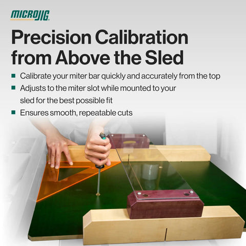 Green table saw sled with Zeroplay Miter Bar For Table Saw Sleds, Precision One Touch Calibration And No Play Fit adjustment in use