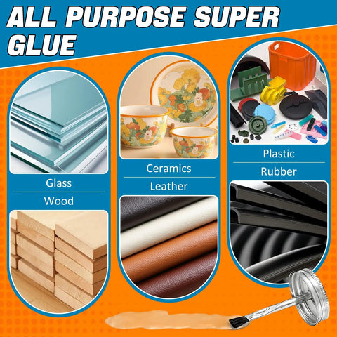 Heavy Duty Waterproof Super Glue Container With Built In Brush Applicator One Seventy Milliliter Size shown bonding various materials.