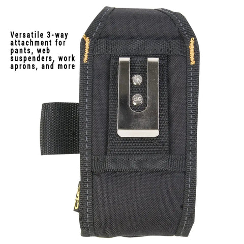 Five Pocket Cell Phone And Tool Holder with clip for work belts, showing 3-way attachment feature.