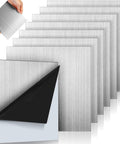 Front view of eight brushed stainless steel sheets (6x6x0.04 in) with double-sided protective film.